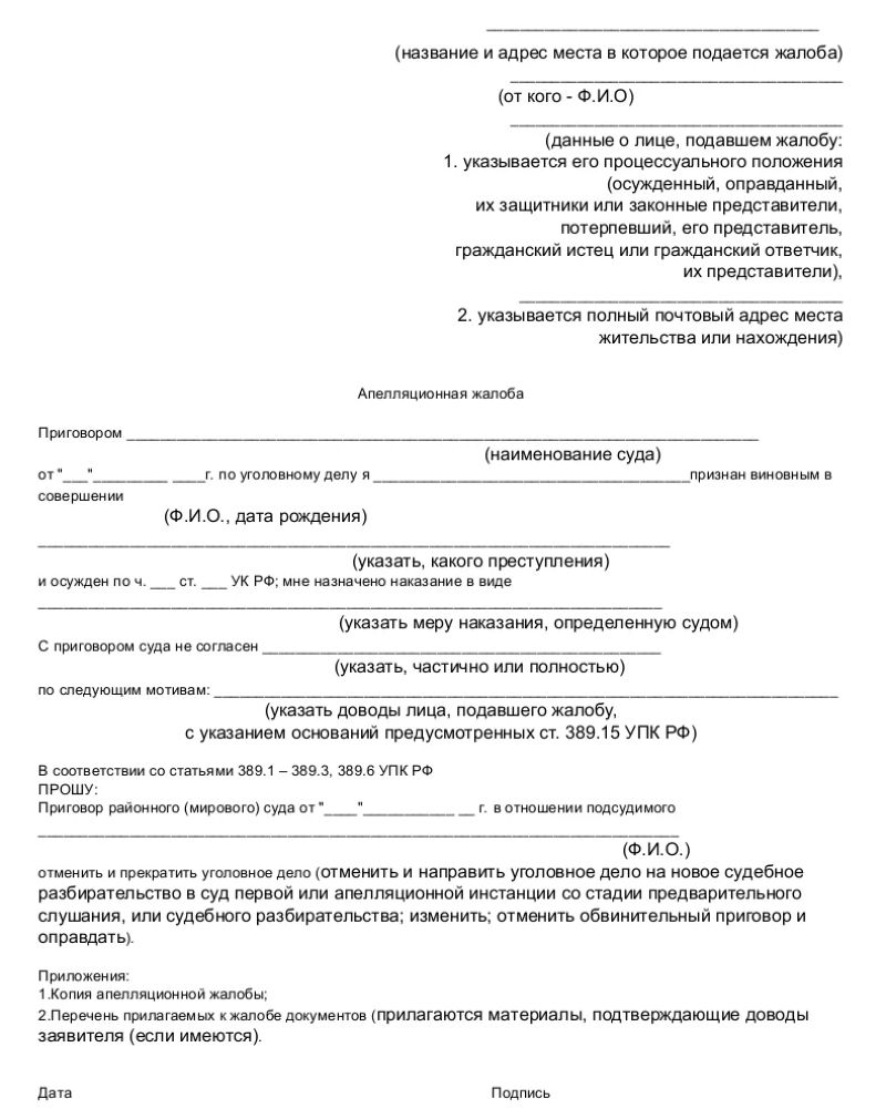 Апелляция на решение суда по уголовному делу образец