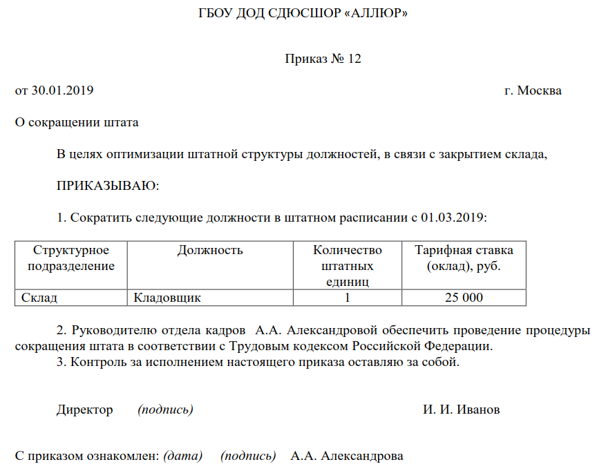 Уведомление о сокращении должности образец за 2 месяца